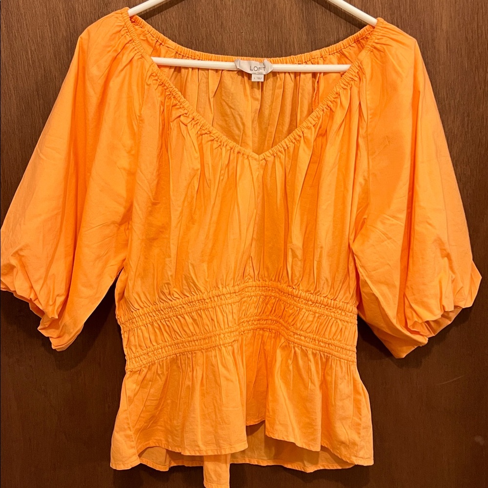 LOFT Bright Orange Peasant Blouse with Smocked Waist